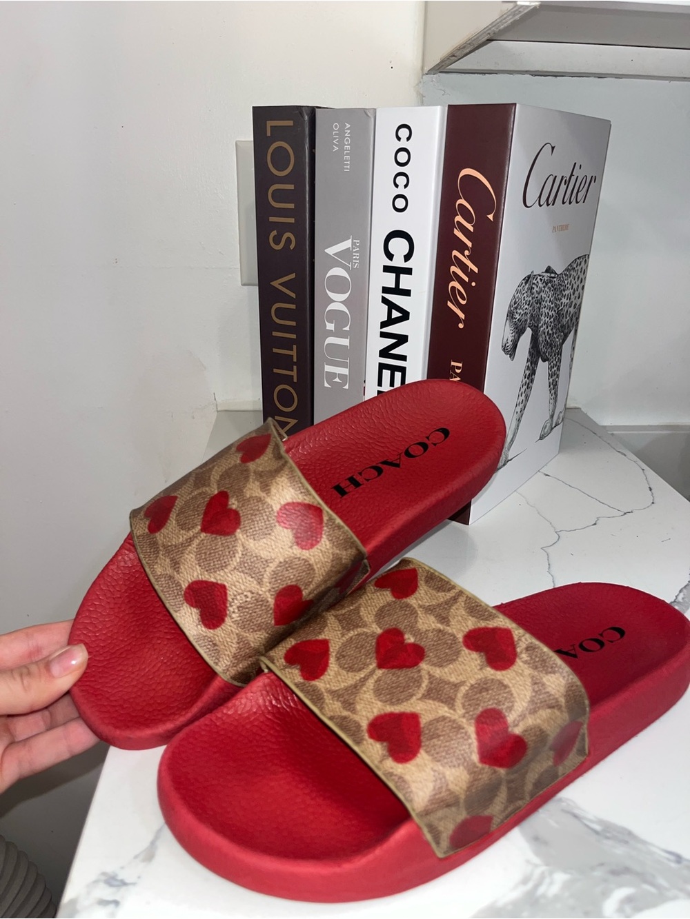 Coach Red Monogram Slide Sandals with Heart Print